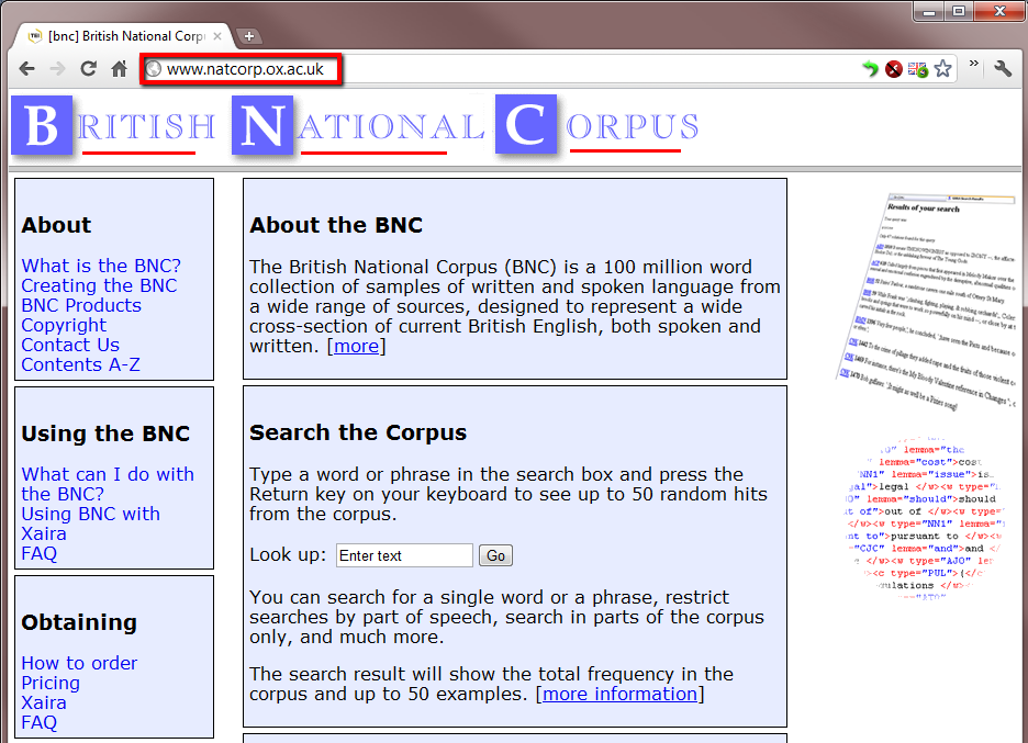Screenshot of the home page of the British National Corpus in a browser, with the address www.natcorp.ox.ac.uk outlined in red; menus headed About, Using the BNC and Obtaining, and a box “Search the Corpus”.