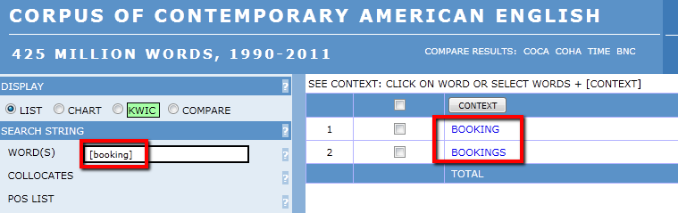 Screenshot of a COCA search form with the word “booking” entered in a red box and the results BOOKING and BOOKINGS outlined in red.