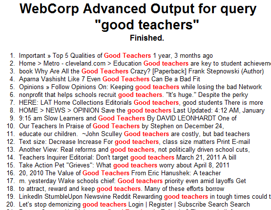 Screenshot of WebCorp output for the query “good teachers”: numbered lines of web text with the words “good teachers” highlighted in red.