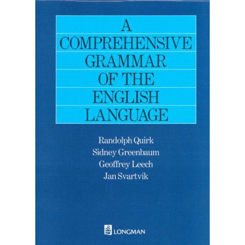 Cover of A Comprehensive Grammar of the English Language by Randolph Quirk, Sidney Greenbaum, Geoffrey Leech and Jan Svartvik, Longman: dark blue with the title in a box.