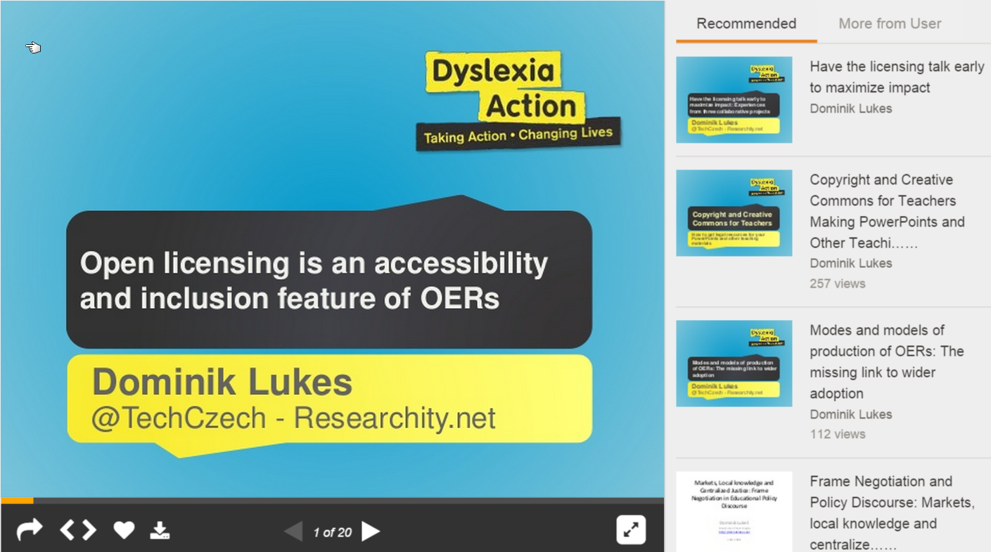Screenshot of this presentation on a slide-sharing site: its title slide with the Dyslexia Action logo, the title “Open licensing is an accessibility and inclusion feature of OERs” and the name Dominik Lukes, beside a list of recommended presentations.