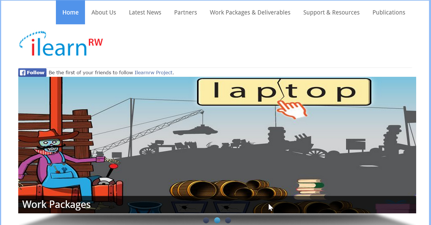 Screenshot of the iLearnRW website with a navigation bar and a cartoon game scene containing the word “laptop”.