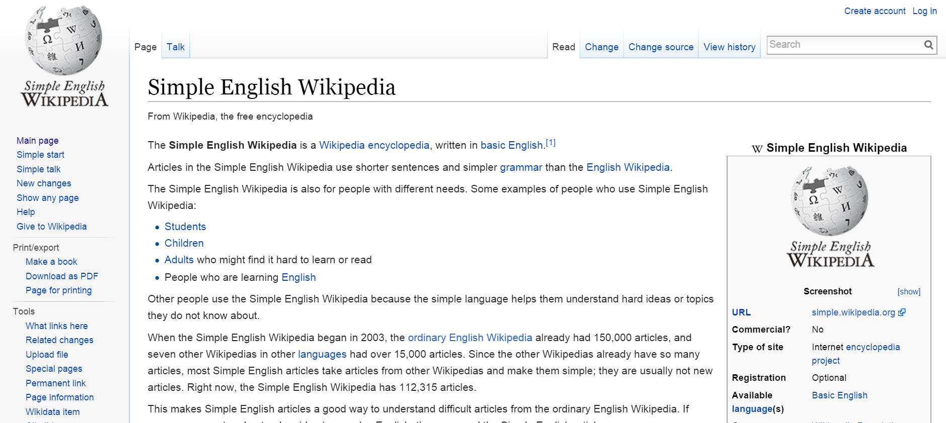 Screenshot of the Simple English Wikipedia page “Simple English Wikipedia”, which explains that its articles use shorter sentences and simpler grammar than the English Wikipedia and lists who uses it: students, children, adults who find it hard to learn or read, and people who are learning English.