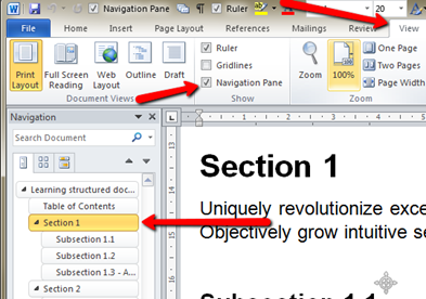 Screenshot of a word processor with its Navigation pane open beside a document, listing Section 1 and its subsections; red arrows point to the View tab, the Navigation Pane option and the Section 1 entry.