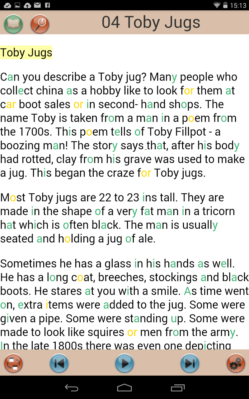 Screenshot of a reading app on a phone, titled “04 Toby Jugs”, showing paragraphs of text in which some letters are coloured green or orange, with play, previous and next buttons at the bottom.