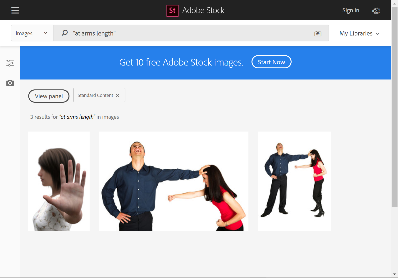 Screenshot of an Adobe Stock search for “at arms length” with three results: a woman holding up her palm, a man pushing a woman away at arm's length, and a man and a woman standing apart with the man's arm stretched towards her.