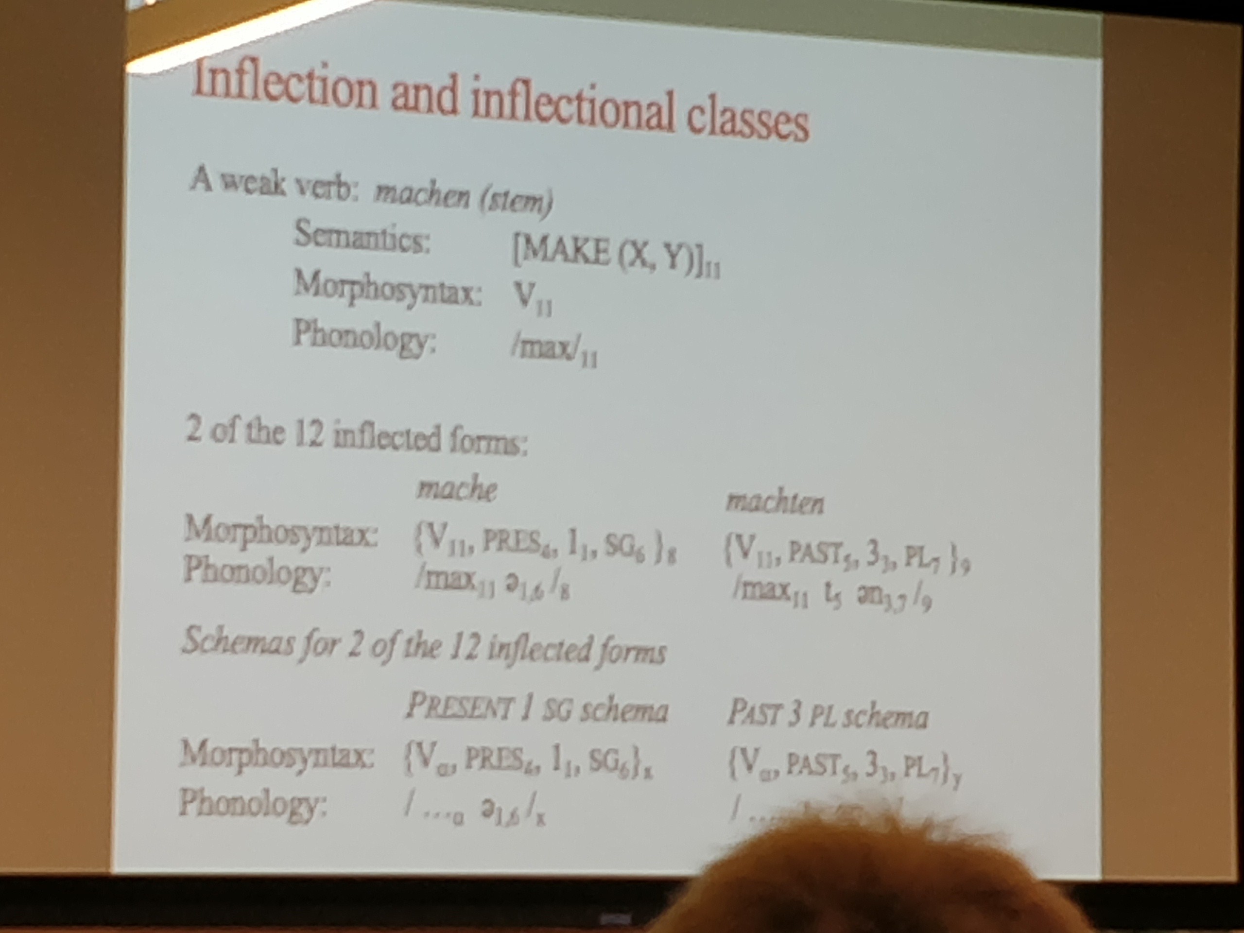 Photograph of a projected slide headed “Inflection and inflectional classes”: “A weak verb: machen (stem)” with its semantics MAKE (X, Y), morphosyntax and phonology, “2 of the 12 inflected forms” (mache and machten, with their morphosyntax and phonology) and “Schemas for 2 of the 12 inflected forms” (PRESENT 1 SG schema and PAST 3 PL schema).