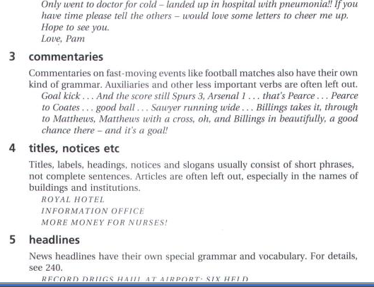A scanned page from an English usage reference book, cropped at the top and bottom, transcribed in the text below the image. The headline example at the foot is cut off: only the upper half of its letters is visible.