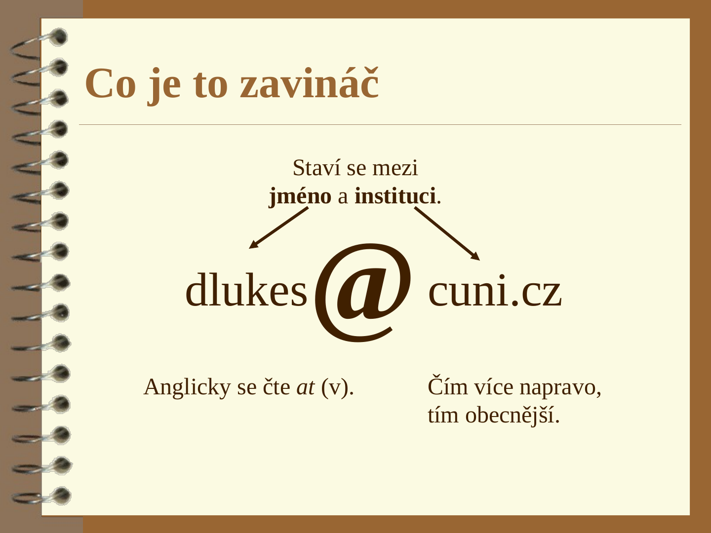 Uprostřed velký znak zavináče mezi slovy „dlukes“ a „cuni.cz“. Nad nimi text „Staví se mezi jméno a instituci.“ s šipkami k oběma slovům. Pod znakem vlevo „Anglicky se čte at (v).“ a vpravo „Čím více napravo, tím obecnější.“