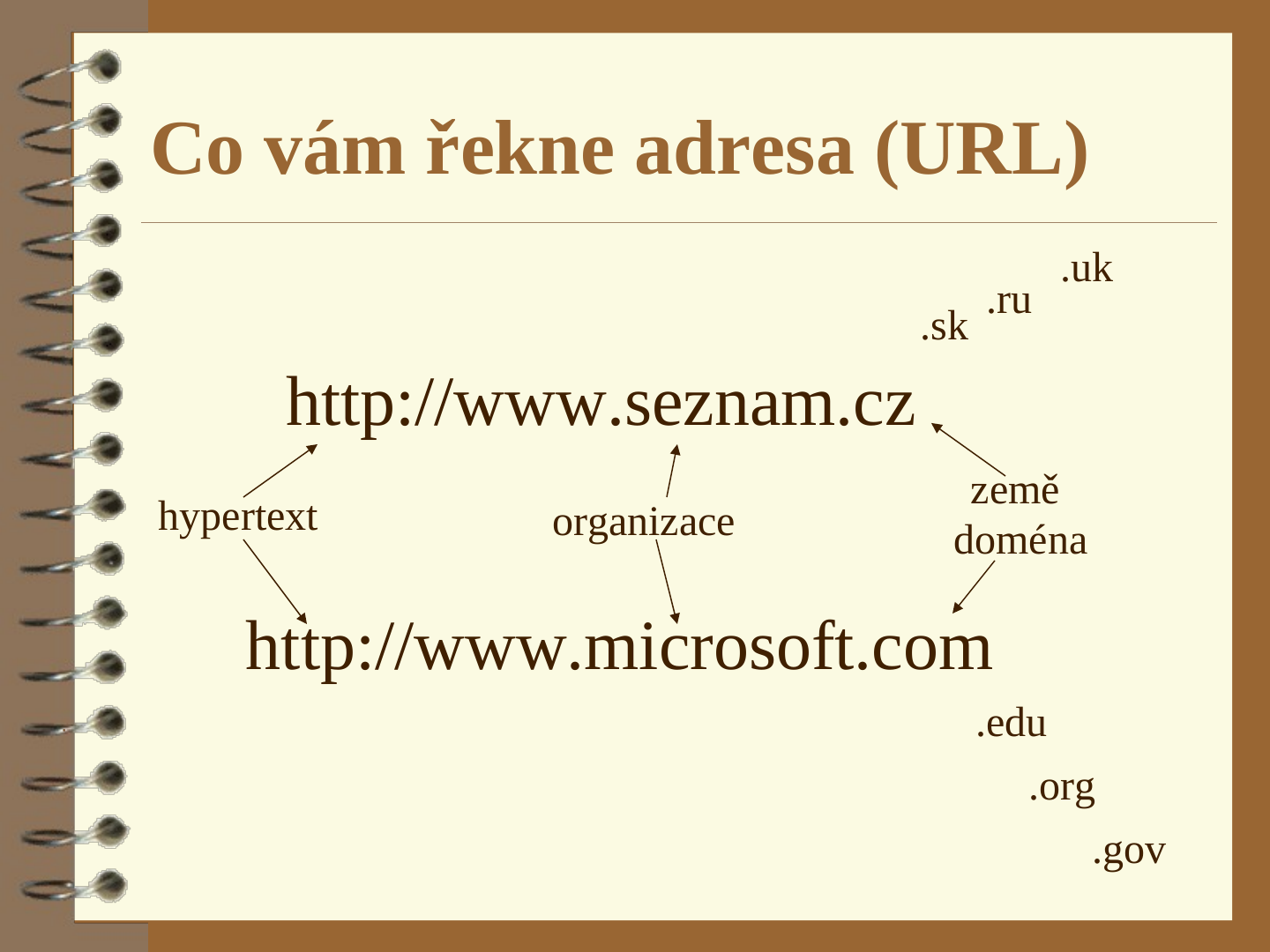 Dvě adresy pod sebou, http://www.seznam.cz a http://www.microsoft.com, s popisky a šipkami: „hypertext“ k začátku adresy, „organizace“ k názvu, „země“ a „doména“ ke koncovce. Vpravo jsou rozmístěny koncovky .sk, .ru, .uk nad adresami a .edu, .org, .gov pod nimi.