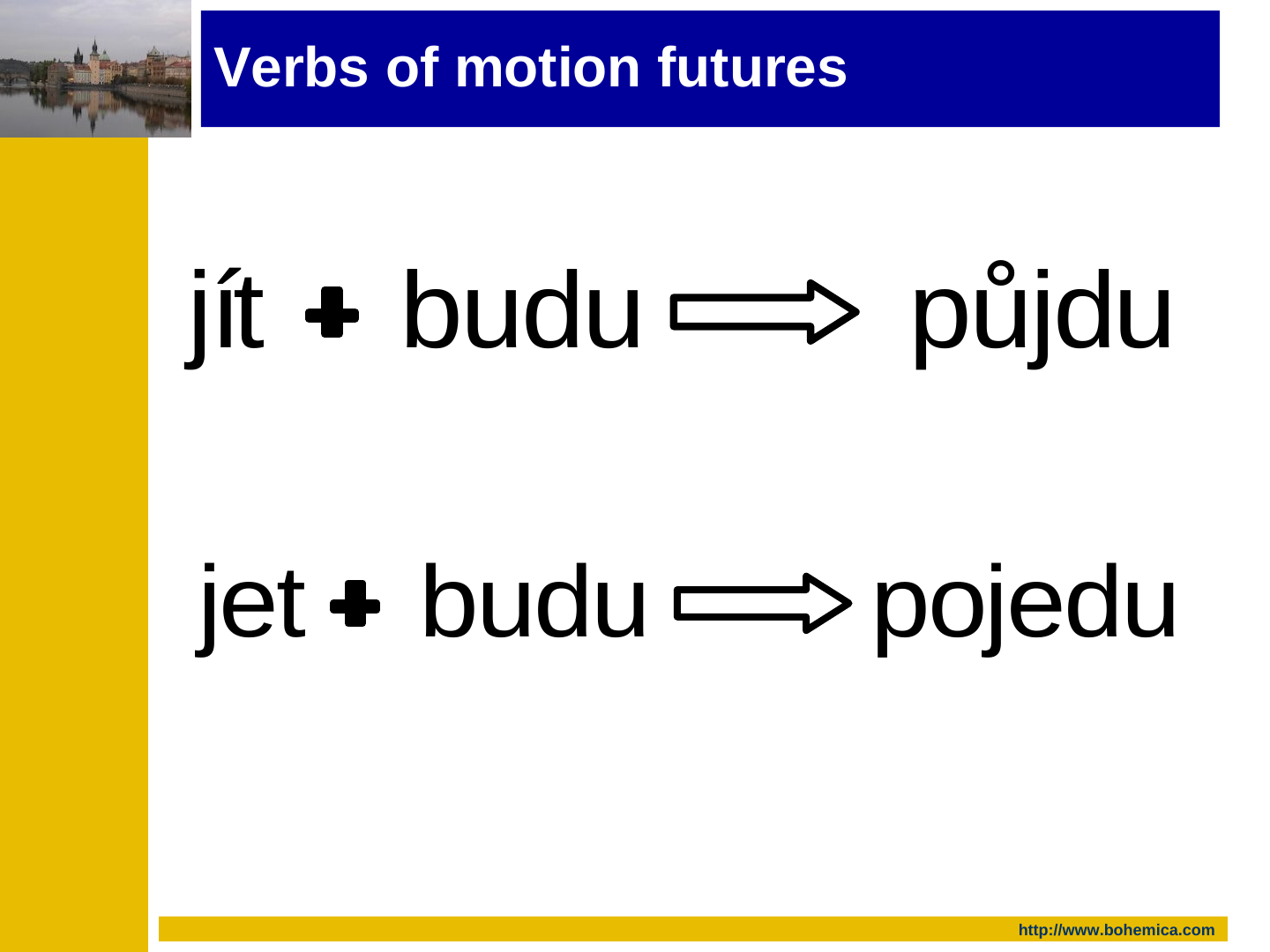 Two equations in large type with a bold plus sign and an outlined right arrow: “jít + budu ⇨ půjdu” and “jet + budu ⇨ pojedu”.