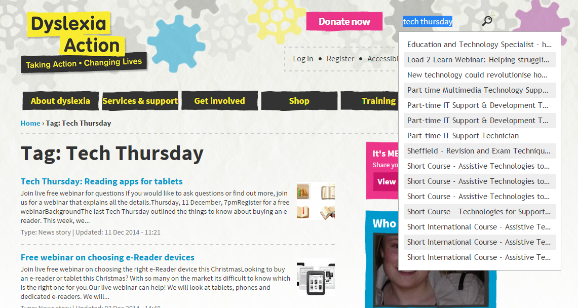 Screenshot of the Dyslexia Action website page tagged Tech Thursday, with the search box showing “tech thursday” and a list of results; the first articles are “Tech Thursday: Reading apps for tablets” and “Free webinar on choosing e-Reader devices”.