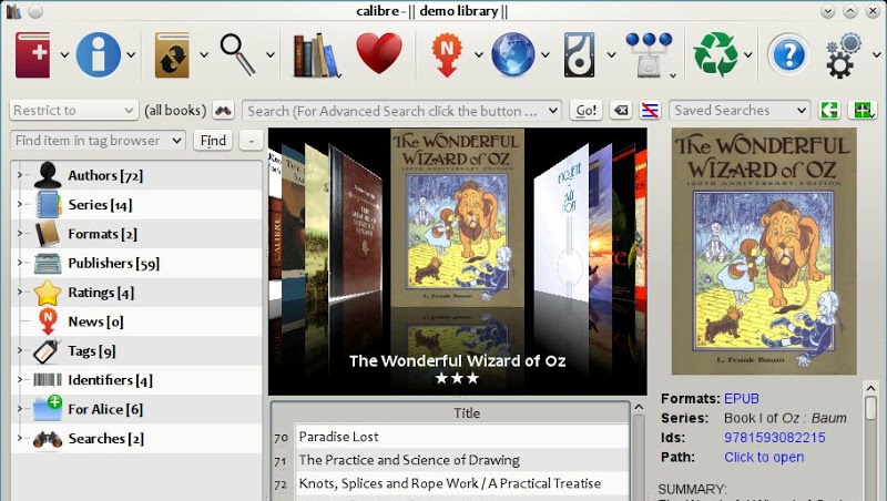 Screenshot of the Calibre e-book manager: a toolbar of icons, a sidebar listing Authors, Series, Formats and Publishers, a cover browser showing The Wonderful Wizard of Oz, and a book list.