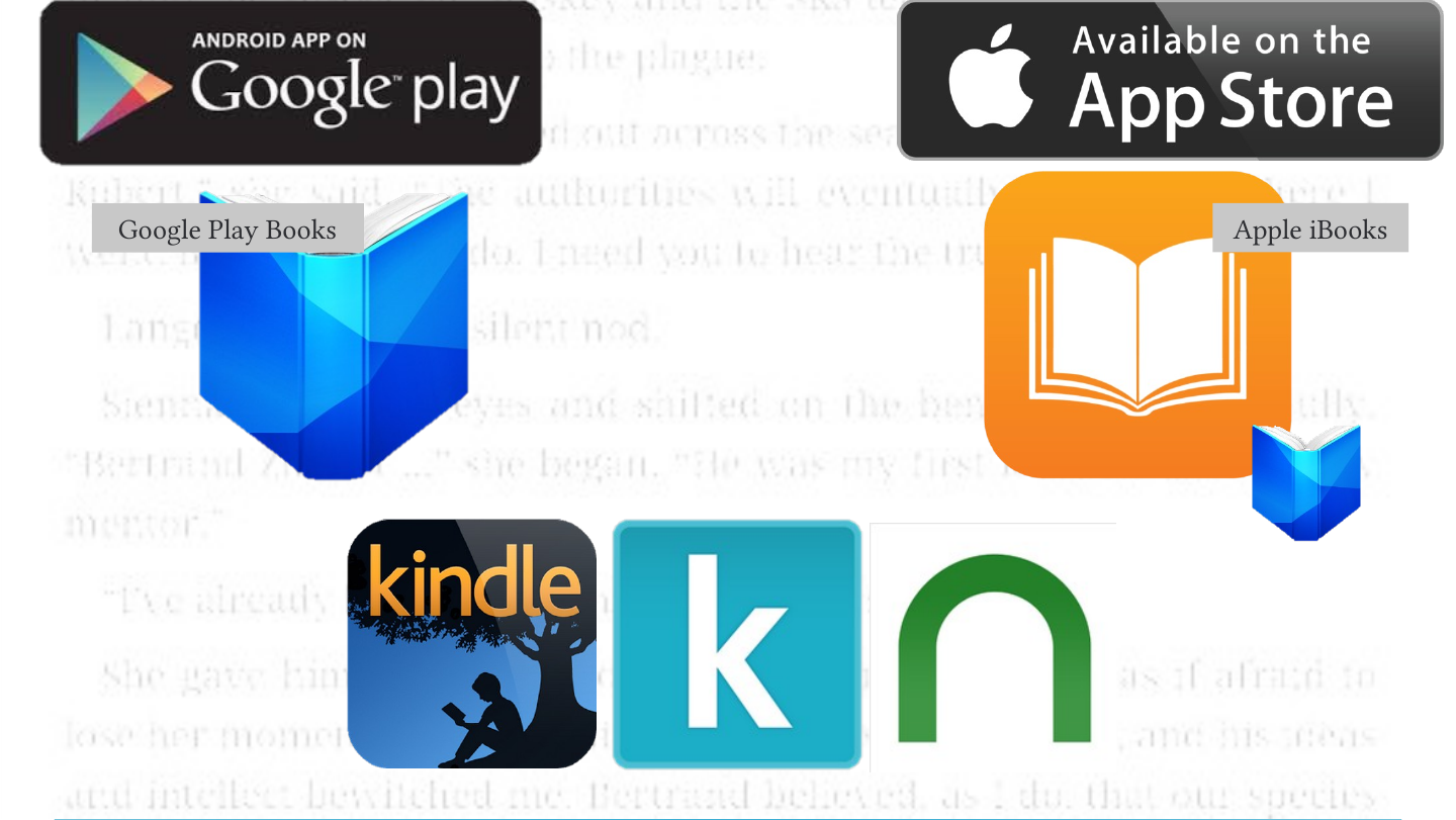 Under Google Play and App Store badges, app icons for Google Play Books, Apple iBooks, Kindle, and two unlabelled icons: a teal “k” and a green “n”.