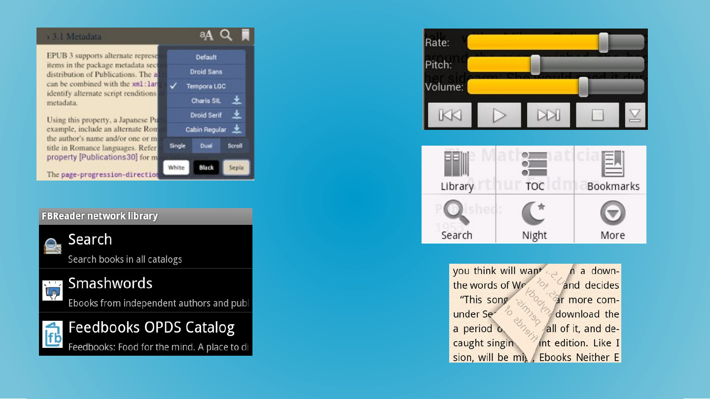 Five screenshots of reader app controls: a font menu with Default, Droid Sans, Tempora LGC and other fonts; a library list with Search books in all catalogs, Smashwords and Feedbooks OPDS Catalog; a speech panel with Rate, Pitch and Volume sliders; an icon grid labelled Library, TOC, Bookmarks, Search, Night and More; and a page with a turning corner.