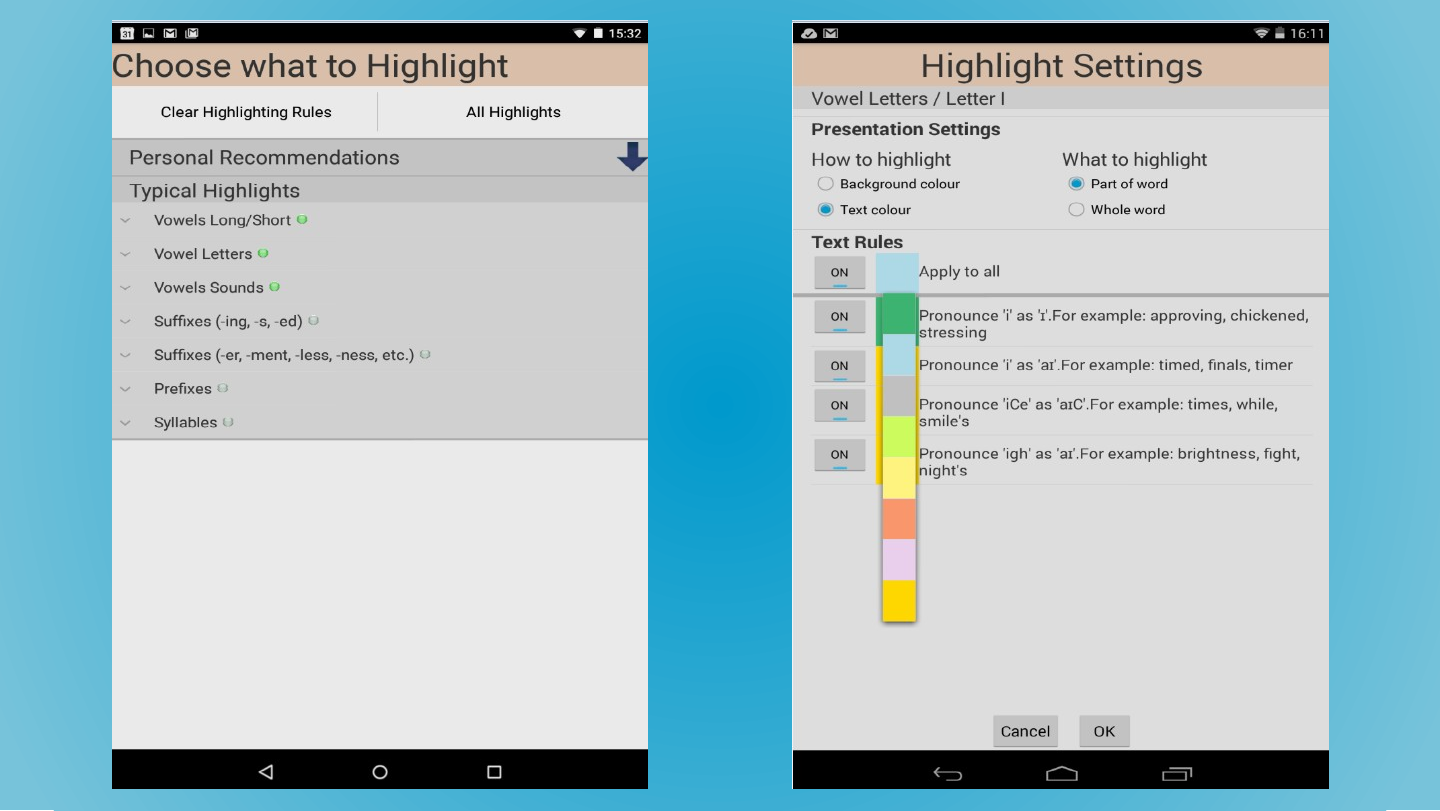 Two tablet screenshots. The left, titled “Choose what to Highlight”, lists personal recommendations and typical highlights such as Vowels Long/Short and Suffixes; the right, titled “Highlight Settings”, has presentation settings and a list of text rules, each with an ON switch.
