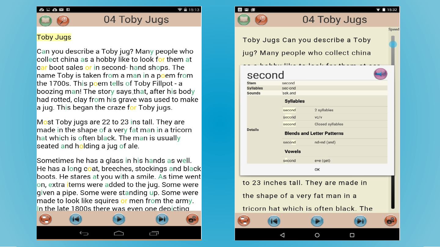 Two tablet screenshots of a reader titled “04 Toby Jugs” showing a passage of text with some letters coloured; the right one has a word information card for “second” open over the text.
