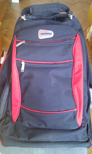 Photograph of a dark navy rucksack with red side panels and red zip trims, standing on a wooden floor.