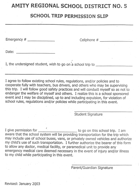 Scan of a blank US school trip permission slip (Amity Regional School District No. 5), transcribed in the text below the image.