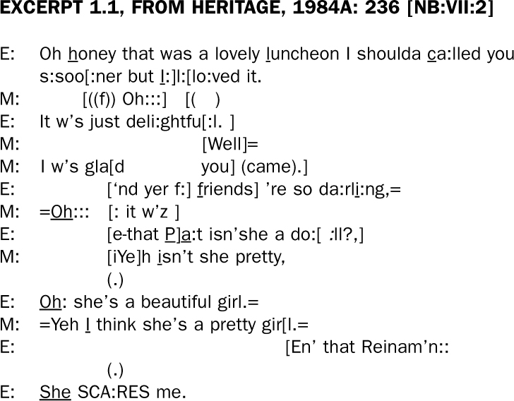A conversation-analysis transcript headed “Excerpt 1.1, from Heritage, 1984a: 236, NB:VII:2”: turns marked E and M, with square brackets for overlapping speech, colons for stretched sounds, equals signs for latched speech, parentheses for pauses and unclear talk, and underlining for stress. The full text of the turns is given below.