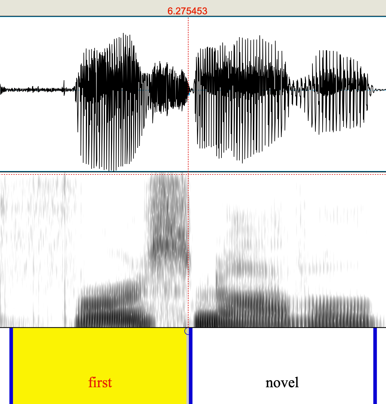 A waveform above a spectrogram of a spoken phrase, with a red cursor line. Beside each is a small loudspeaker icon for an audio clip; the audio is not part of this package.