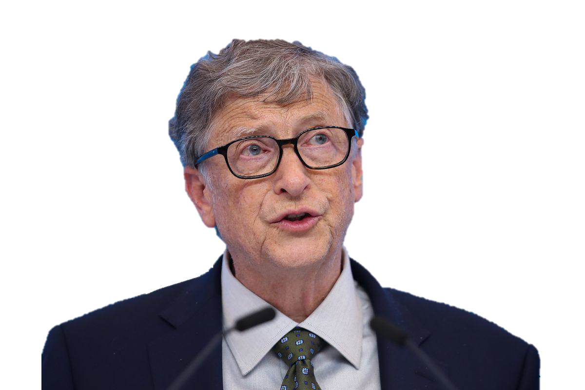 Photograph of Bill Gates speaking, beside a large quotation mark.
