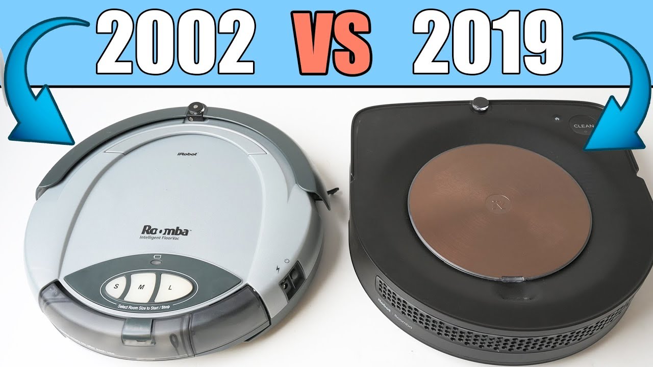 A video thumbnail with the words “2002 VS 2019” above two robot vacuum cleaners, an old pale one marked Roomba and a newer dark one, with curved blue arrows pointing at each.