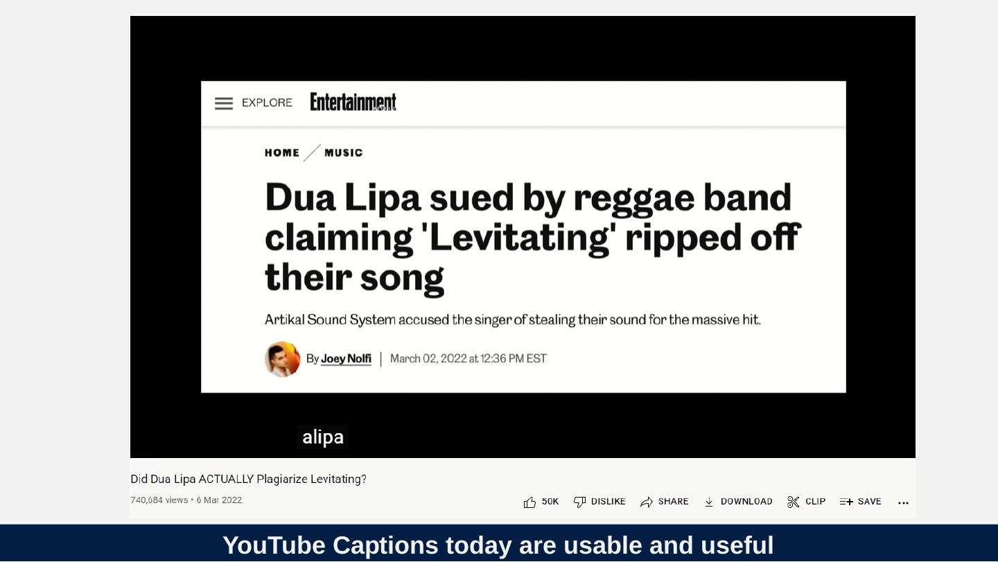 Original slide 23 as rendered: the poster frame of a screen recording of a YouTube video with automatic captions, in front of a news article headlined “Dua Lipa sued by reggae band claiming ‘Levitating’ ripped off their song”; the caption reads “alipa”. The video itself is not part of this package.