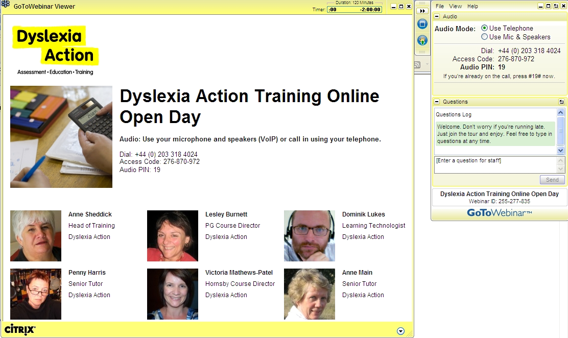 Screenshot of the GoToWebinar viewer showing a Dyslexia Action Training Online Open Day: the title slide with dial-in details, a row of six staff photographs with name and job-title captions, and a side panel with audio, questions and chat controls.