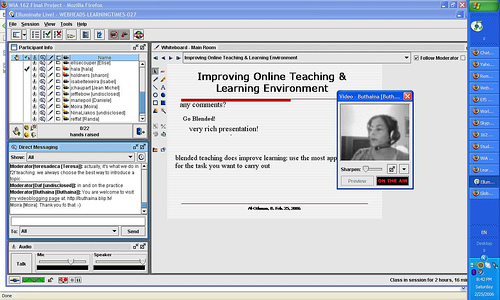 Screenshot of an Elluminate Live session window with a participant list, a whiteboard showing the text “Improving Online Learning”, and a chat box.