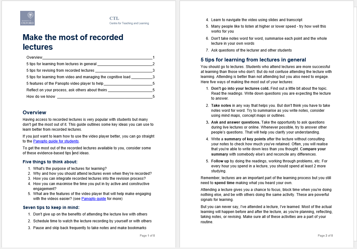 Two pages of a guide titled “Make the most of recorded lectures”: a contents and overview page, then a page of tips for learning from recorded lectures.