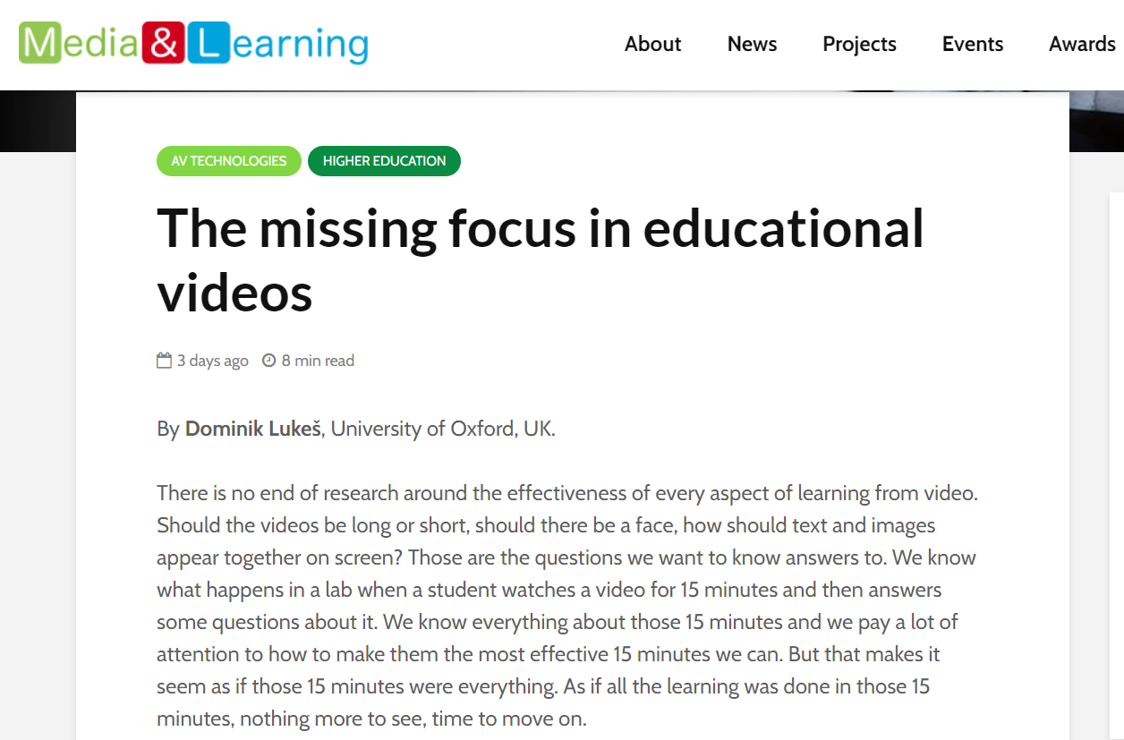 Screenshot of the Media & Learning article “The missing focus in educational videos” by Dominik Lukeš, University of Oxford, UK, which begins “There is no end of research around the effectiveness of every aspect of learning from video.”