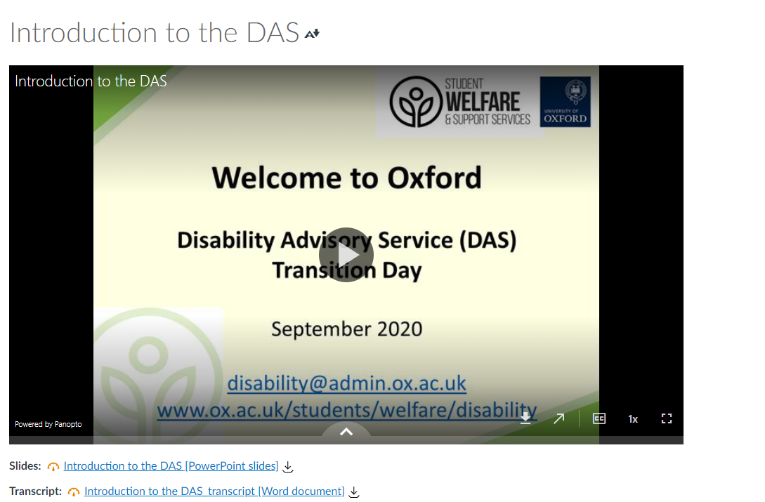 Screenshot of a web page headed “Introduction to the DAS” with an embedded video titled “Welcome to Oxford: Disability Advisory Service (DAS) Transition Day, September 2020”, and links to its slides and transcript.