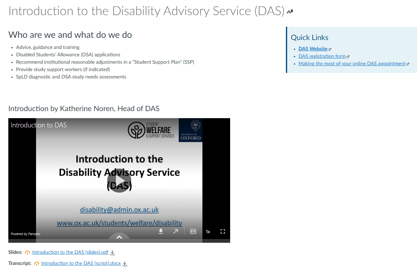 Screenshot of a web page headed “Introduction to the Disability Advisory Service (DAS)” with a short list under “Who are we and what do we do”, a Quick Links box and a second embedded video.