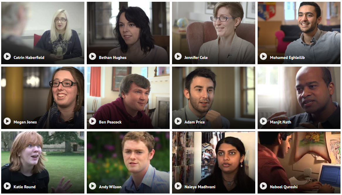 A grid of video thumbnails, each showing a person speaking to the camera with a play button and a name label.