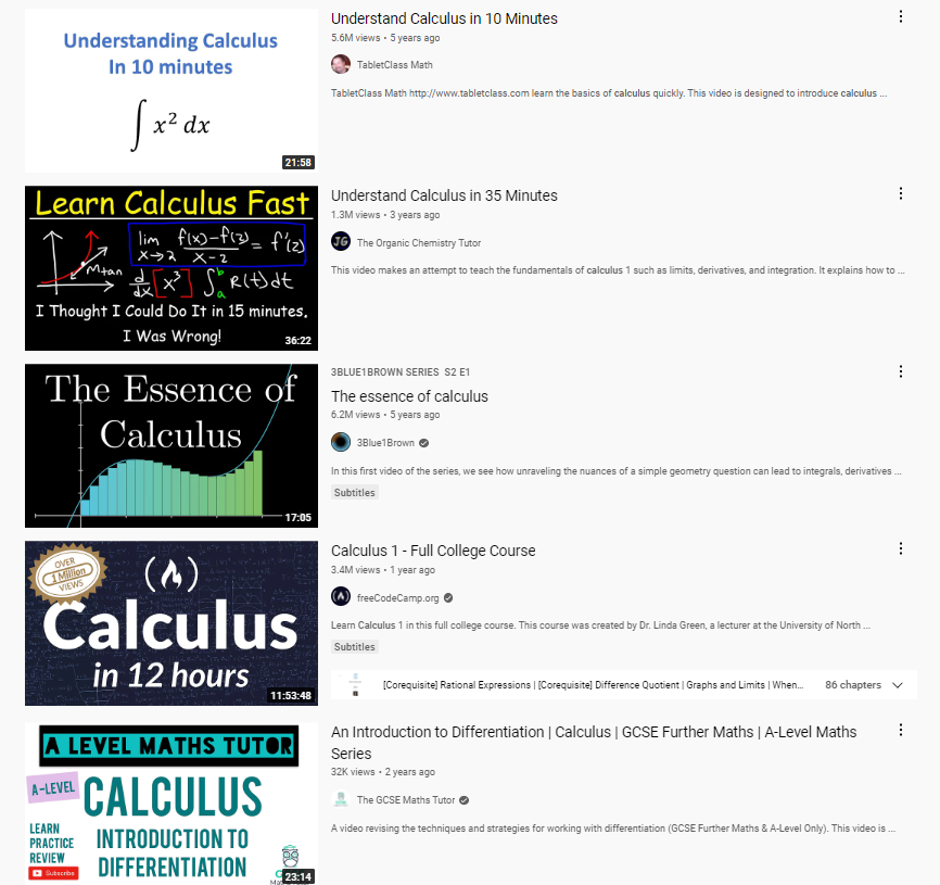 Screenshot of a video search results list for calculus videos; each result has a thumbnail, a title and a short description.
