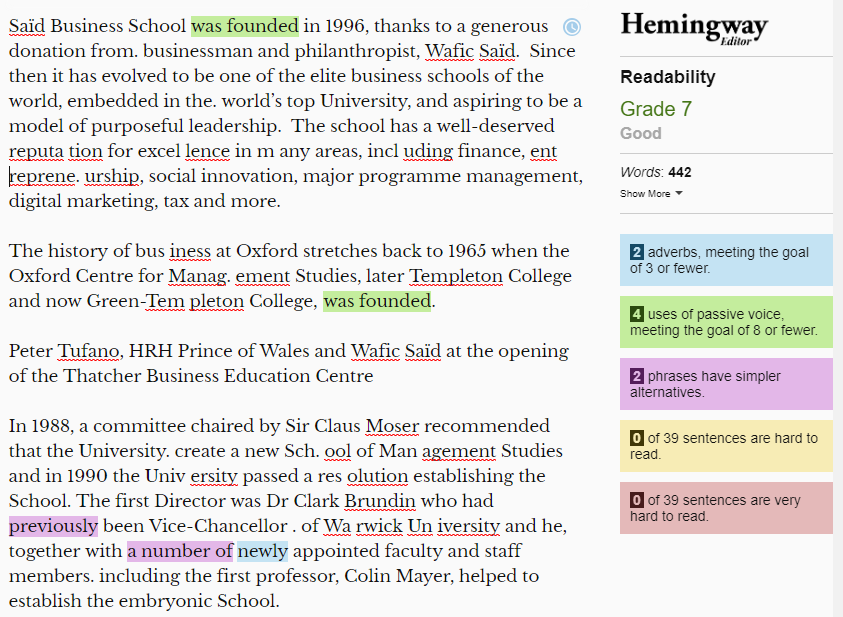 Screenshot of the Hemingway Editor with a shortened version of the same text on the right, much less highlighted, with a low grade level and a red oval around a sentence.