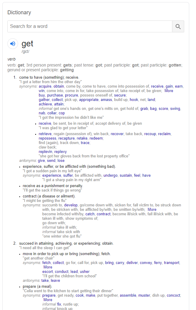 Screenshot of a long online dictionary entry for “get” with many numbered senses and example phrases.