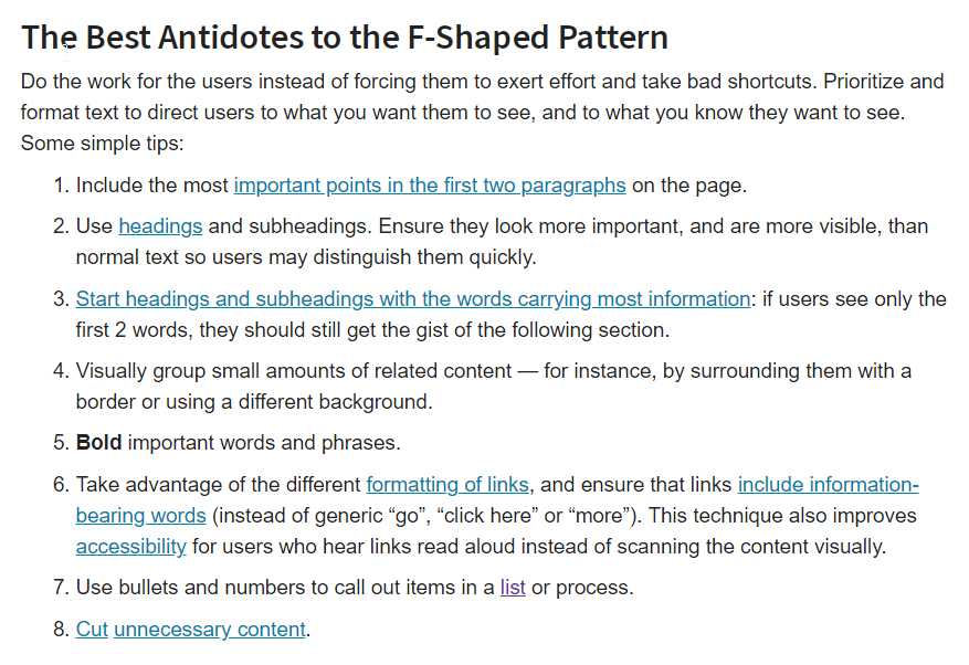 Screenshot of the article “The Best Antidotes to the F-Shaped Pattern” from Nielsen Norman Group, with eight numbered tips for formatting content.