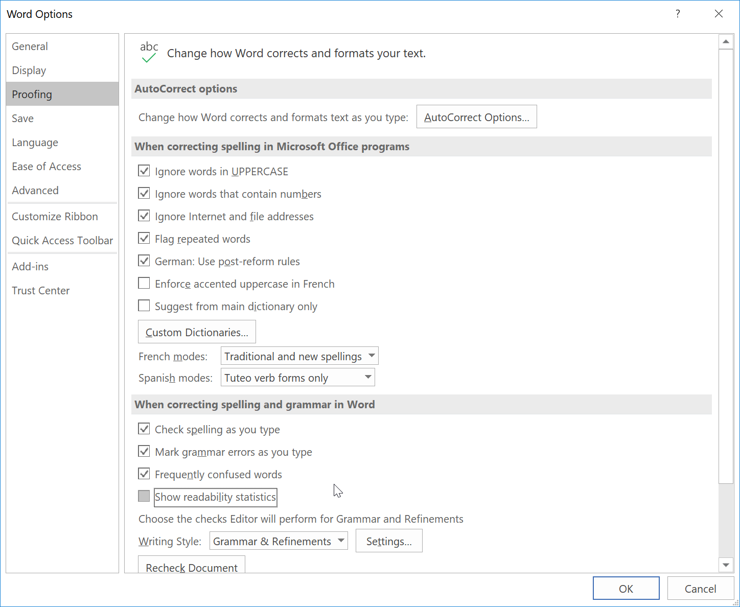 Screenshot of the Word Options dialog, Proofing section, with the option “Show readability statistics” among the grammar settings.