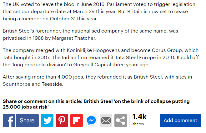 Screenshot of the later part of the same article: background about British Steel's forerunner, its privatisation in 1988 and its sale to Tata Steel.