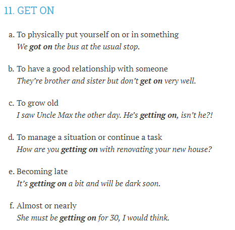 Screenshot of the entry “11. Get on” with six numbered senses, a to f, each with an example sentence.