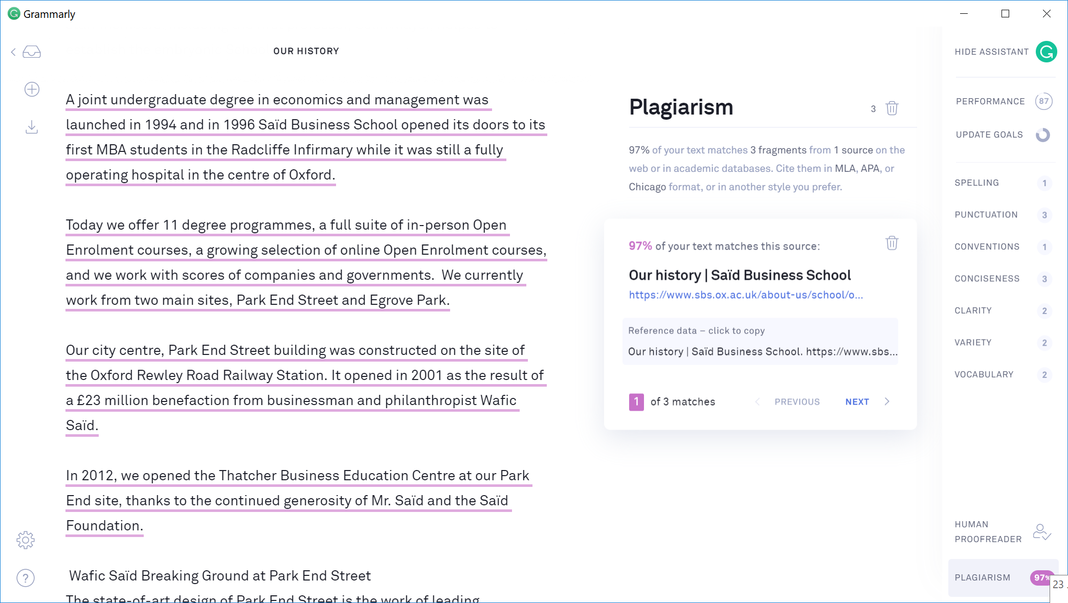 Screenshot of Grammarly with a “Plagiarism” panel reporting that a high share of the text matches a page titled “Our history | Said Business School”.