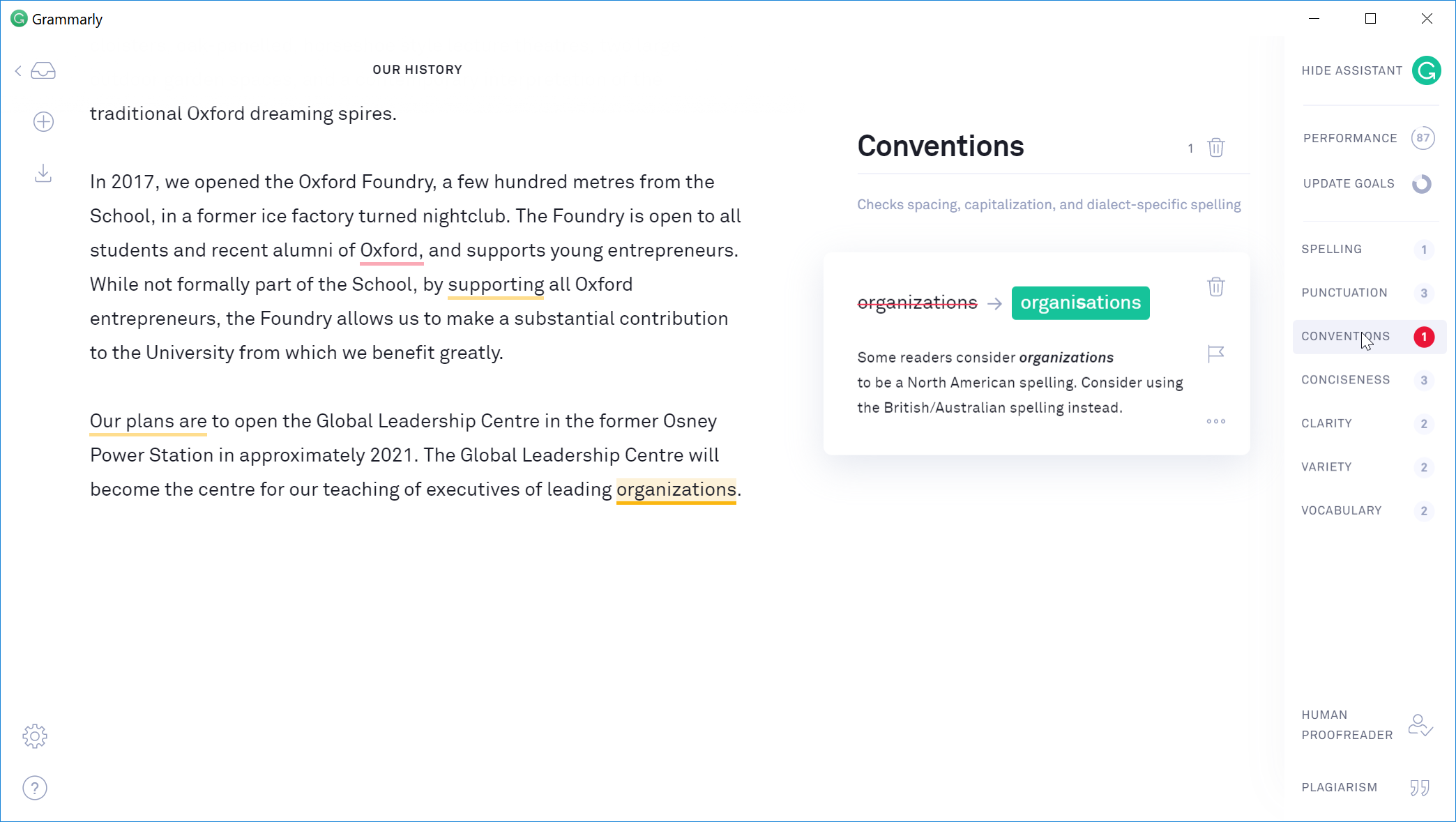 Screenshot of Grammarly with a “Conventions” panel suggesting the British spelling “organisations” for “organizations”.