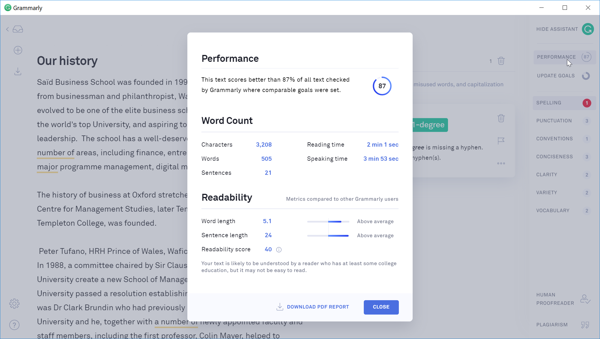 Screenshot of Grammarly with a “Performance” panel over the document “Our history”: an overall score, word count, reading time and readability measures.