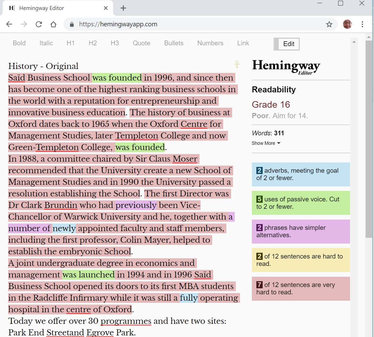 Screenshot of the Hemingway Editor in a browser with the “History – Original” text mostly highlighted in red and a high grade level with a “Poor” rating.