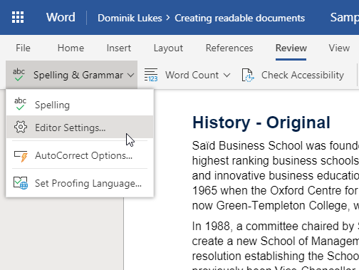 Screenshot of Word online with a Spelling & Grammar menu open: Spelling, Editor Settings, AutoCorrect Options and Set Proofing Language.