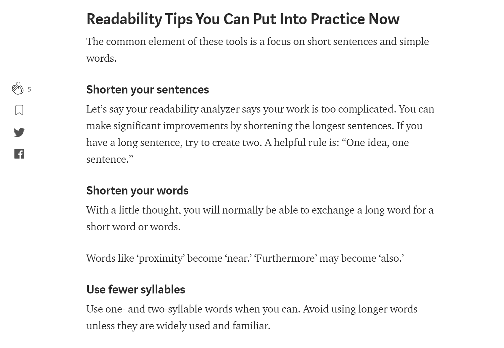 Screenshot of a section of the same article, “Readability Tips You Can Put Into Practice Now”, with the sub-headings Shorten your sentences, Shorten your words and Use fewer syllables.