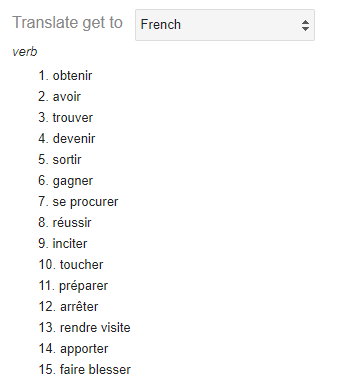 Screenshot of the translations of “get” into French: a numbered list of fifteen verbs, from “obtenir” to “faire blesser”.