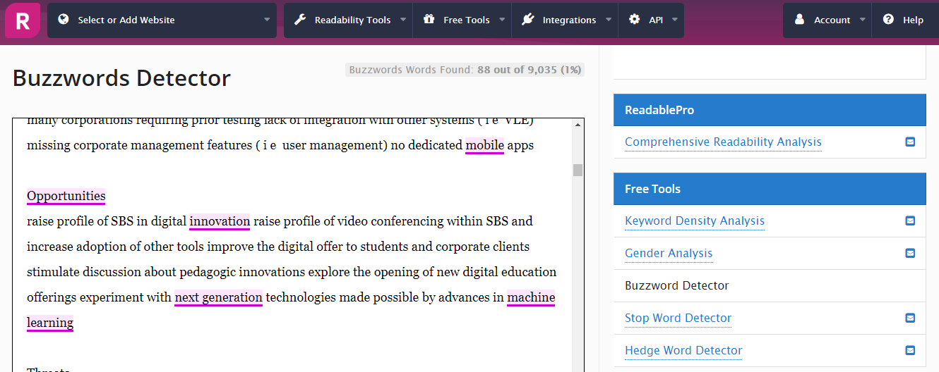 Screenshot of the “Buzzwords Detector” of Readable.io with a text in which buzzwords are underlined.